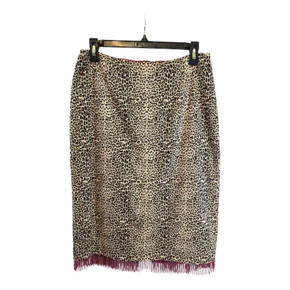 BLISS LEOPARD PRINT PENCIL SKIRT BEADED FRINGE HEM SIZE 8 EDGY EVENING PARTY